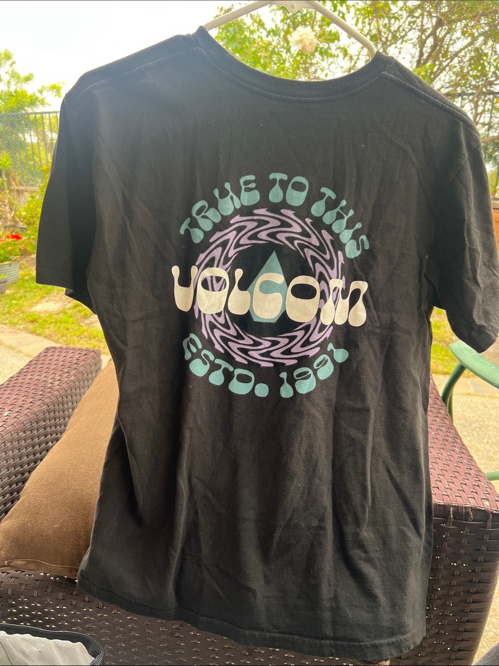 Volcom Black Short-Sleeve Tee with Teal & Lavender Retro Graphic